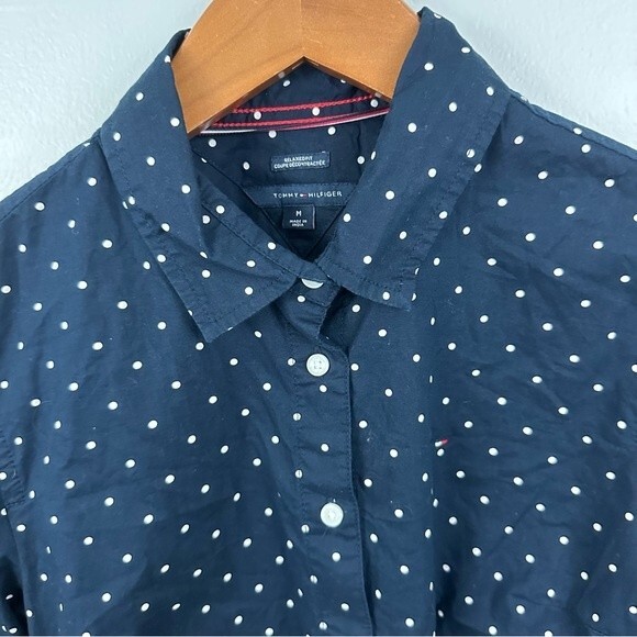 Tommy Hilfiger Navy & White Polka Dot Button-Up Blouse Size Medium - Picture 4 of 14